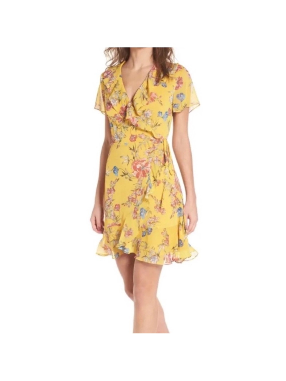 Yellow Floral Wrap Dress Ruffle Short Sleeve by Lush Summer Sz L